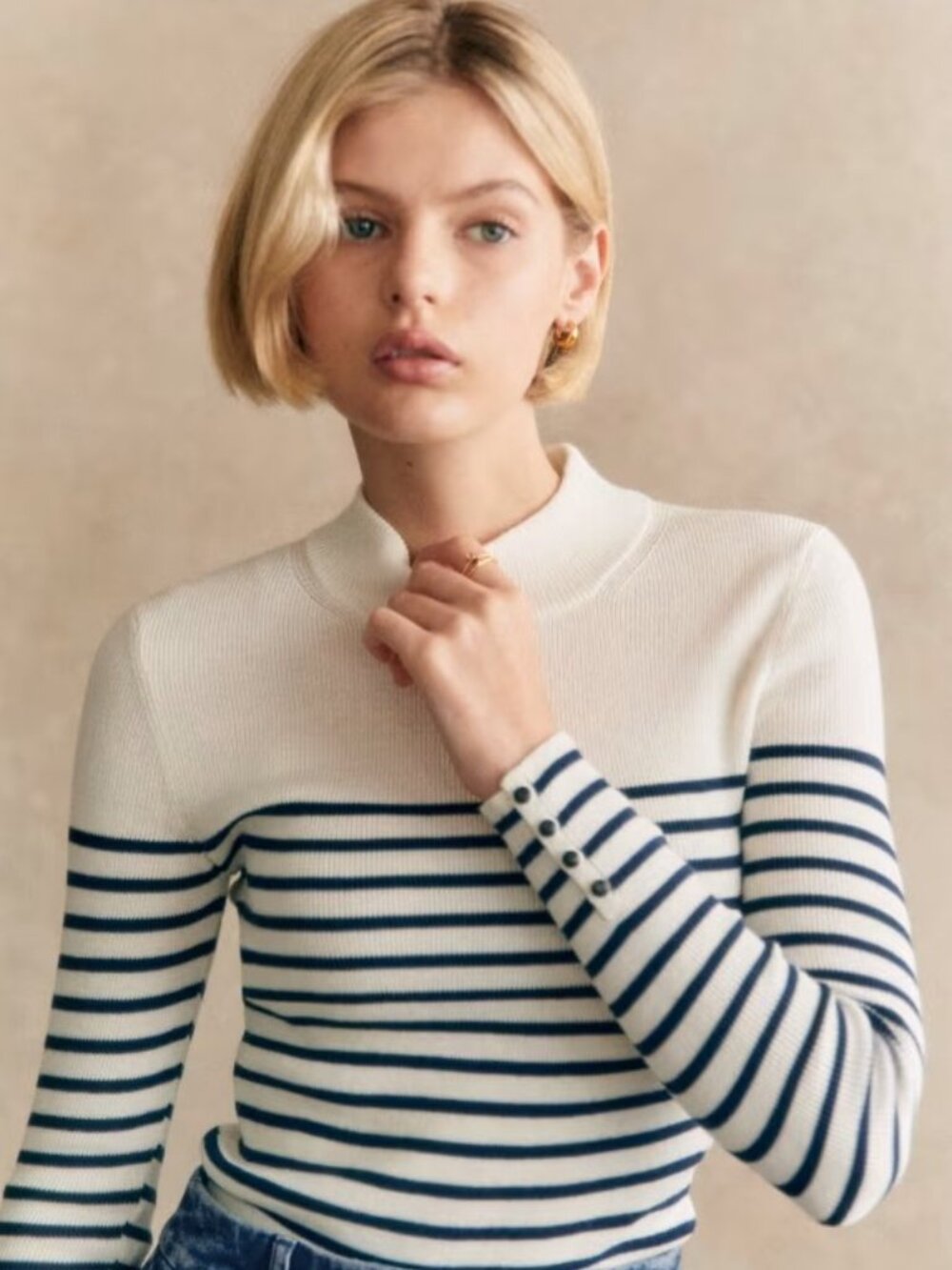 NEW Sezane Simon Sweater Sz S Cotton Wool Ecru White Marine Navy Stripe Button